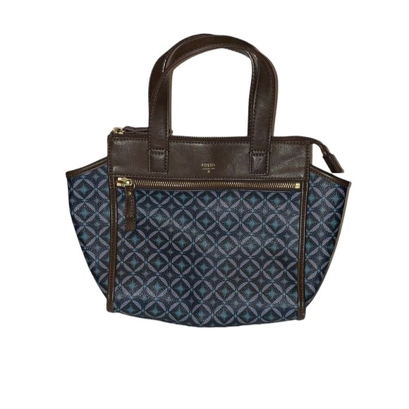 Fossil Tessa Signature Satchel Bag Purse Blue Brown Diamonds Geometric EUC - Picture 1 of 10
